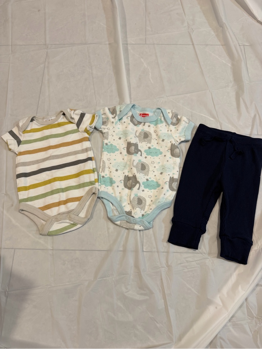 Multiples Baby Onesie Set with Stripes and Elephant Print in Green, Blue, Navy
